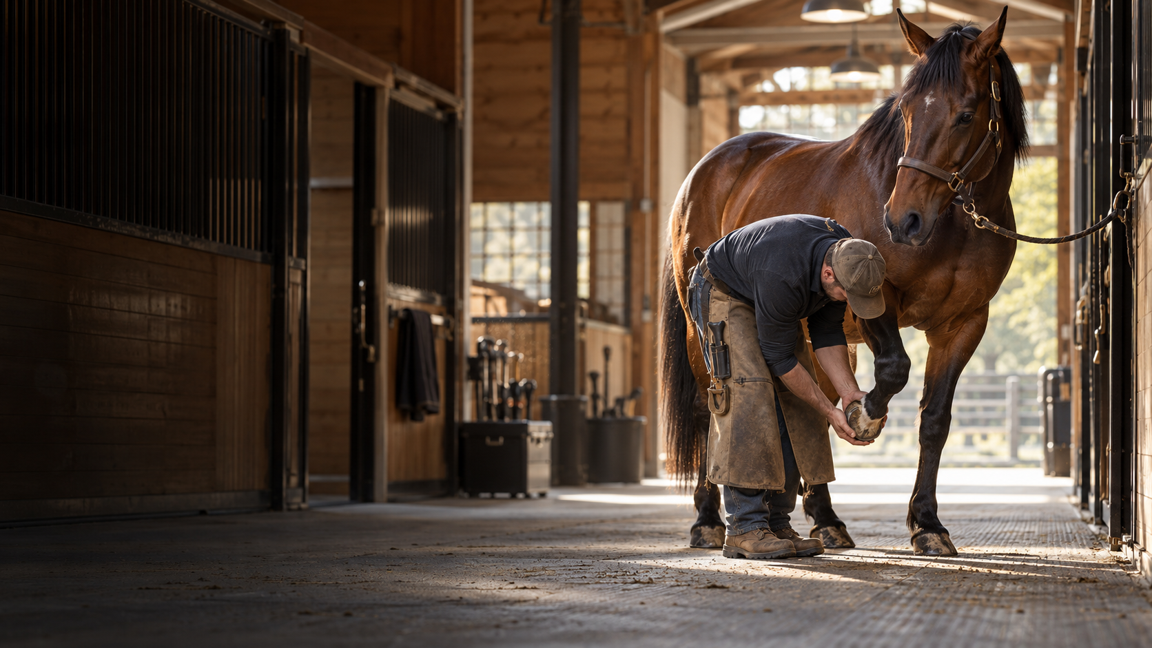 A farrier carefully examining the front hoof of a calm bay horse in a barn aisle